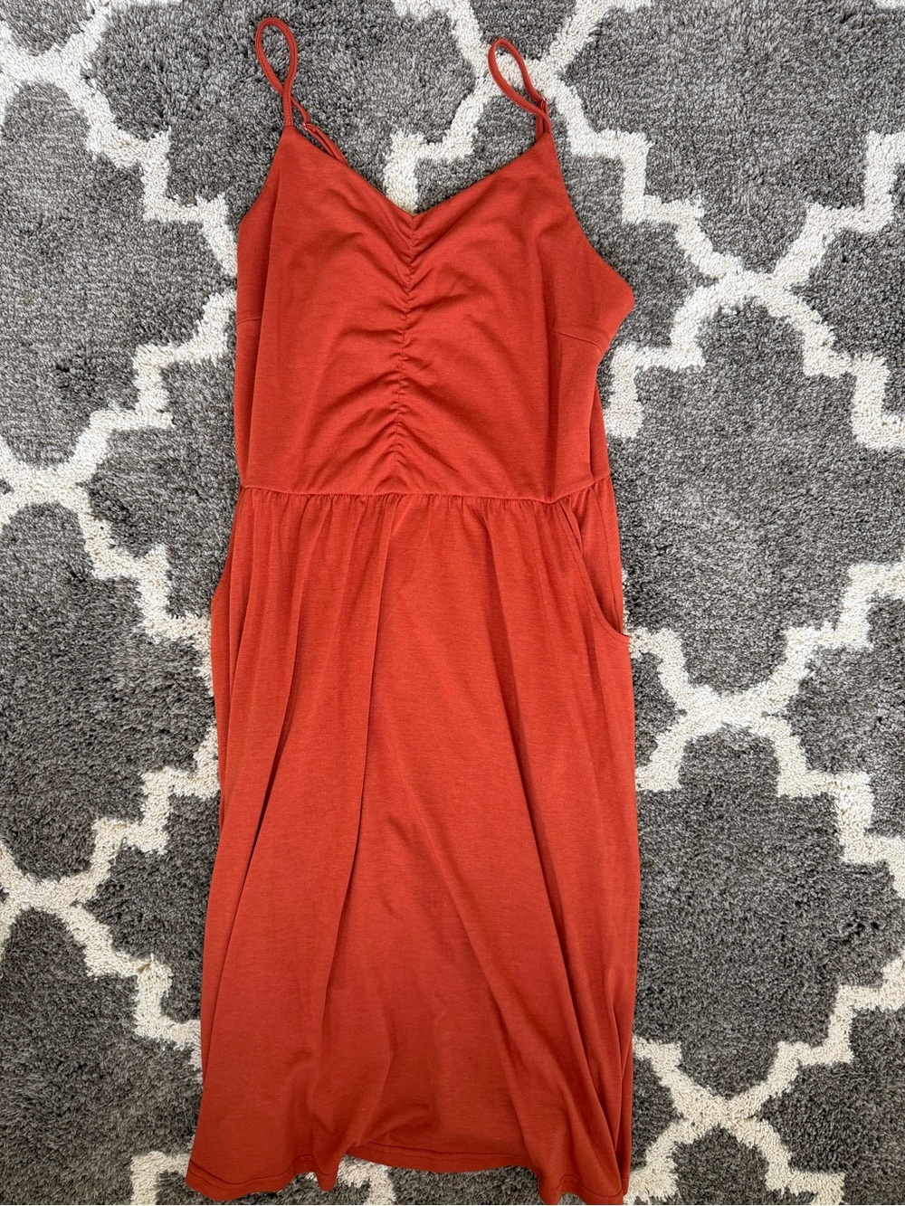 Ruched Spaghetti-Strap Midi Dress in Rust